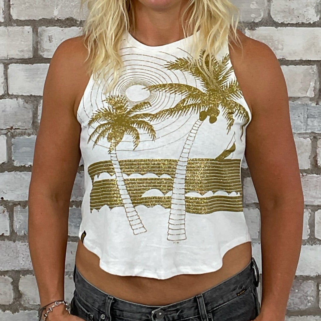 One-of-a-kind Glitter Palm Tree graphic Unwantee tank top close-up view, upcycled, sustainable, made in Britain