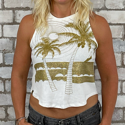 One-of-a-kind Glitter Palm Tree graphic Unwantee tank top close-up view, upcycled, sustainable, made in Britain