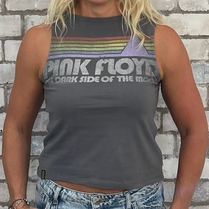One-of-a-kind Grey Pink Floyd Dark Side of the Moon graphic Unwantee tank top close-up view, upcycled, sustainable, made in Britain
