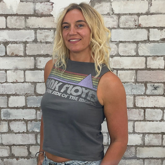 One-of-a-kind Grey Pink Floyd Dark Side of the Moon graphic Unwantee tank top side view, upcycled, sustainable, made in Britain