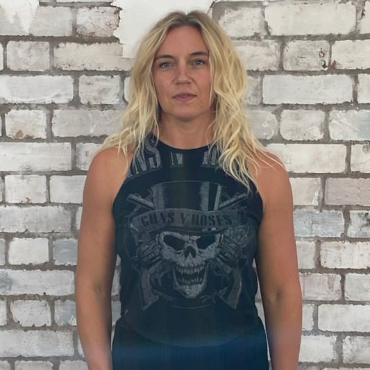 One-of-a-kind Guns N’ Roses Skull in Top Hat graphic Racerback Unwantee tank top front view, upcycled, sustainable, made in Britain