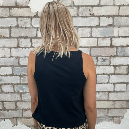 One-of-a-kind Jimi Hendrix Plays Copenhagen 1970 graphic Slash Neck Unwantee tank top back view, upcycled, sustainable, made in Britain