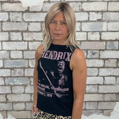One-of-a-kind Jimi Hendrix Plays Copenhagen 1970 graphic Slash Neck Unwantee tank top side view, upcycled, sustainable, made in Britain