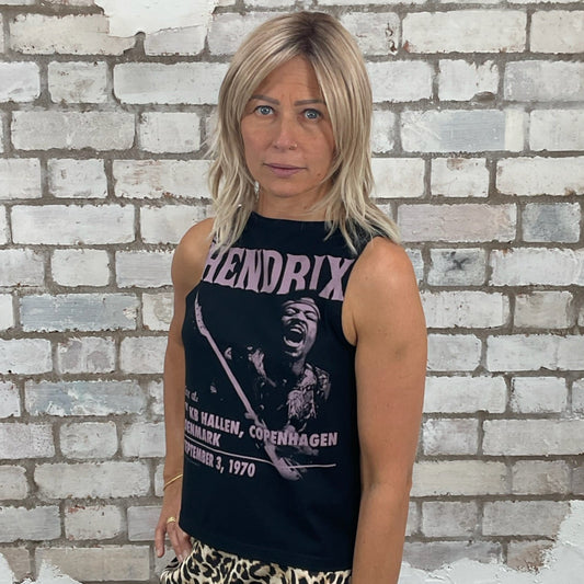 One-of-a-kind Jimi Hendrix Plays Copenhagen 1970 graphic Slash Neck Unwantee tank top side view, upcycled, sustainable, made in Britain