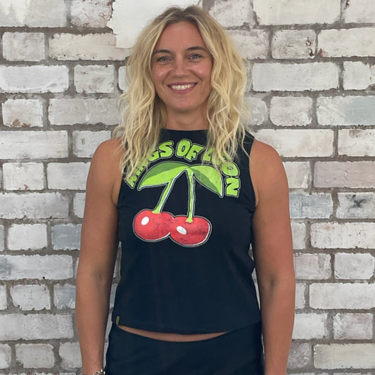 One-of-a-kind Kings of Leon Cherry graphic Slash Neck Unwantee tank top front view, upcycled, sustainable, made in Britain
