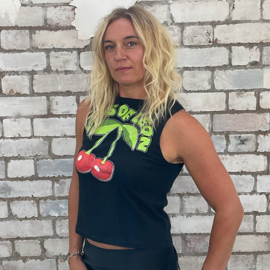 One-of-a-kind Kings of Leon Cherry graphic Slash Neck Unwantee tank top side view, upcycled, sustainable, made in Britain