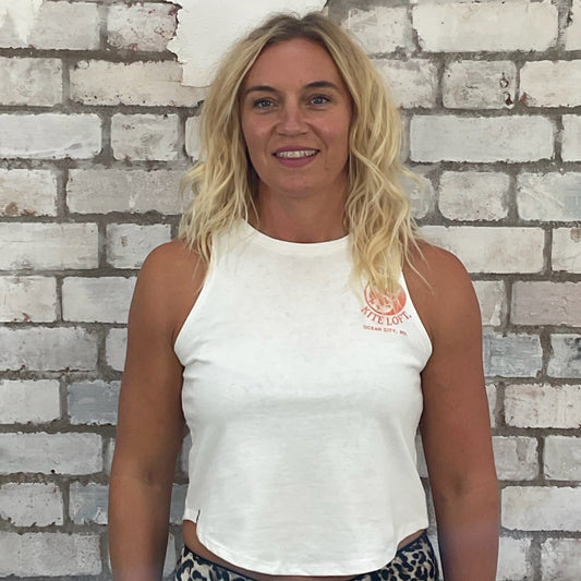 One-of-a-kind The Kite Loft graphic Racerback Unwantee tank top front view, upcycled, sustainable, made in Britain
