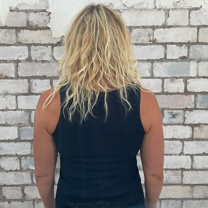 One-of-a-kind Let's Watch Scary Movies graphic Slash Neck Unwantee tank top back view, upcycled, sustainable, made in Britain
