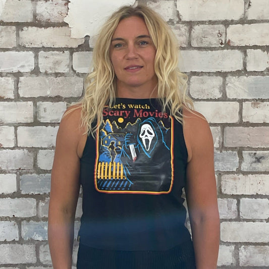 One-of-a-kind Let's Watch Scary Movies graphic Slash Neck Unwantee tank top front view, upcycled, sustainable, made in Britain