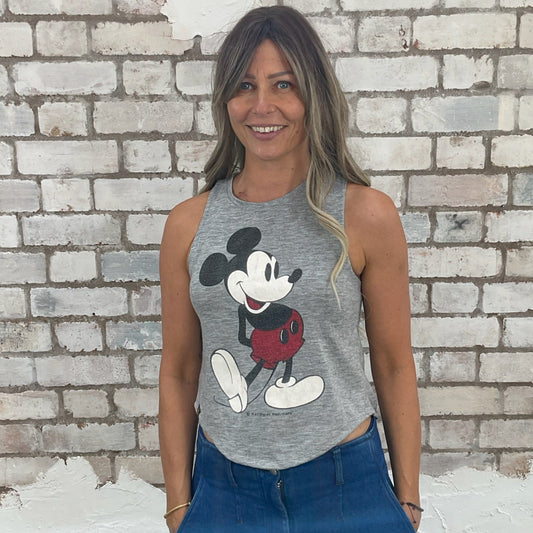One-of-a-kind Mickey Mouse on grey graphic Racerback Unwantee tank top front view, upcycled, sustainable, made in Britain