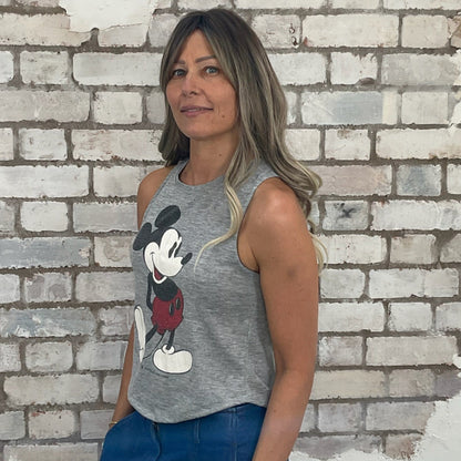 One-of-a-kind Mickey Mouse on grey graphic Racerback Unwantee tank top side view, upcycled, sustainable, made in Britain