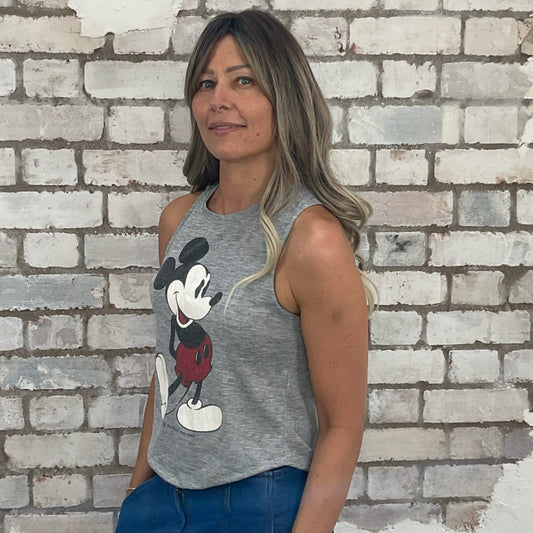 One-of-a-kind Mickey Mouse on grey graphic Racerback Unwantee tank top side view, upcycled, sustainable, made in Britain
