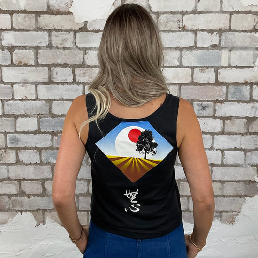 One-of-a-kind Mid America AKSF graphic Scoop Neck Unwantee tank top back view, upcycled, sustainable, made in Britain