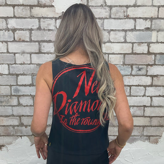 One-of-a-kind Neil Diamond In the Round Tour graphic Slash Neck Unwantee tank top back view, upcycled, sustainable, made in Britain