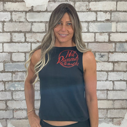 One-of-a-kind Neil Diamond In the Round Tour graphic Slash Neck Unwantee tank top front view, upcycled, sustainable, made in Britain