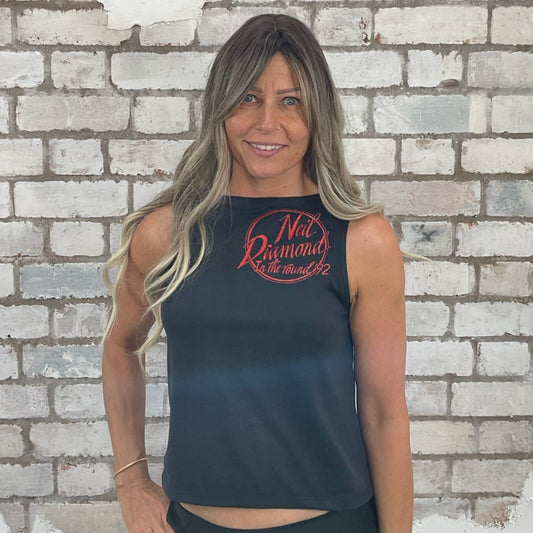 One-of-a-kind Neil Diamond In the Round Tour graphic Slash Neck Unwantee tank top front view, upcycled, sustainable, made in Britain