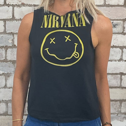 One-of-a-kind Nirvana Acid Face Yellow Print graphic Slash Neck Unwantee tank top close-up view, upcycled, sustainable, made in Britain