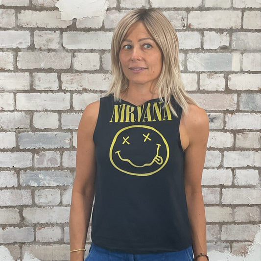 One-of-a-kind Nirvana Acid Face Yellow Print graphic Slash Neck Unwantee tank top front view, upcycled, sustainable, made in Britain