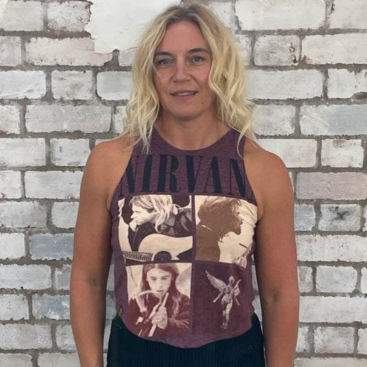 One-of-a-kind Nirvana In Utero Band Photos graphic Racerback Unwantee tank top front view, upcycled, sustainable, made in Britain