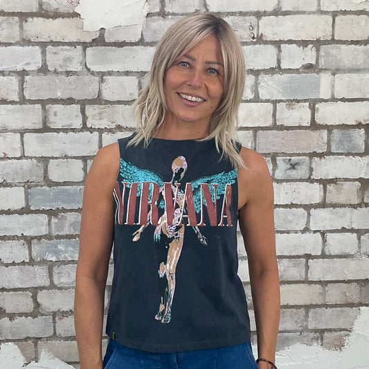 One-of-a-kind Nirvana In Utero classic album print Slash Neck Unwantee tank top front view, upcycled, sustainable, made in Britain