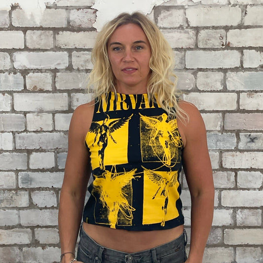 One-of-a-kind Nirvana Acid Face Yellow Print graphic Slash Neck Unwantee tank top front view, upcycled, sustainable, made in Britain