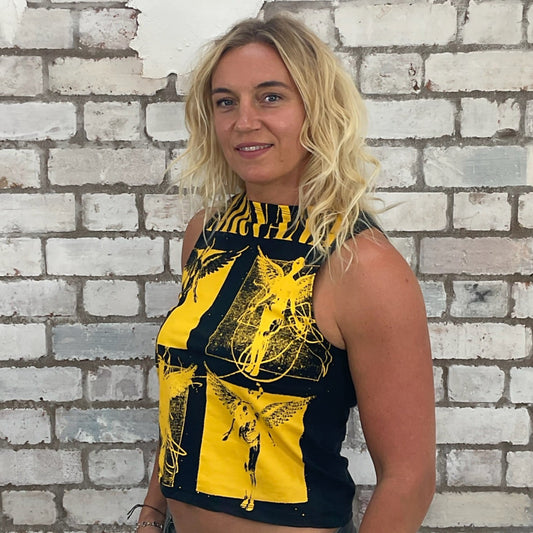 One-of-a-kind Nirvana Acid Face Yellow Print graphic Slash Neck Unwantee tank top side view, upcycled, sustainable, made in Britain