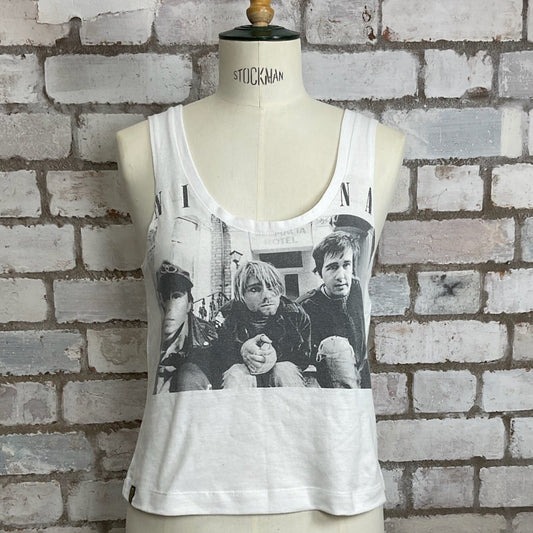 One-of-a-kind Nirvana young band photo graphic Scoop Neck Unwantee tank top front view, upcycled, sustainable, made in Britainunwanteestyle