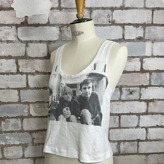 One-of-a-kind Nirvana young band photo graphic Scoop Neck Unwantee tank top side view, upcycled, sustainable, made in Britain