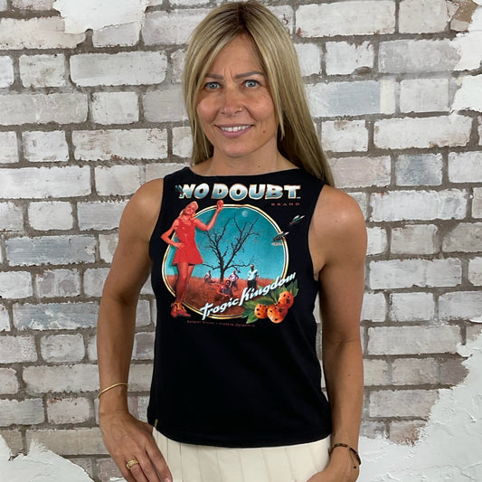 One-of-a-kind No Doubt Gwen Stefani graphic Slash Neck Unwantee tank top front view, upcycled, sustainable, made in Britain