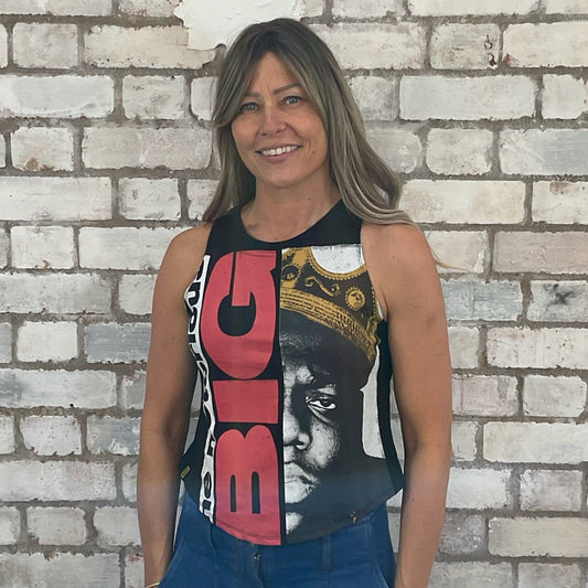 One-of-a-kind Notorious B.I.G. graphic Racerback Unwantee tank top front view, upcycled, sustainable, made in Britain