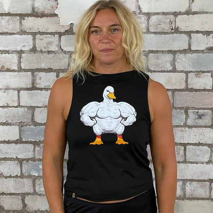 One-of-a-kind One Tough Duck graphic Slash Neck Unwantee tank top front view, upcycled, sustainable, made in Britain