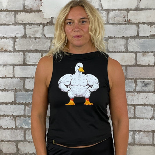 One-of-a-kind One Tough Duck graphic Slash Neck Unwantee tank top front view, upcycled, sustainable, made in Britain