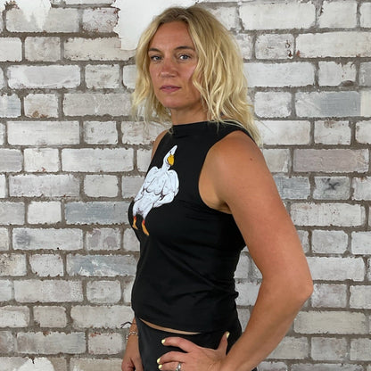 One-of-a-kind One Tough Duck graphic Slash Neck Unwantee tank top side view, upcycled, sustainable, made in Britain