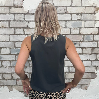 One-of-a-kind Paul Weller graphic Slash Neck Unwantee tank top back view, upcycled, sustainable, made in Britain