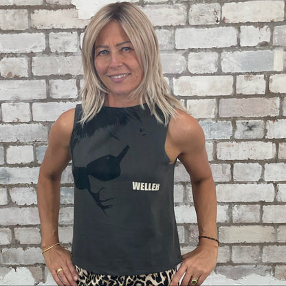 One-of-a-kind Paul Weller graphic Slash Neck Unwantee tank top front view, upcycled, sustainable, made in Britain