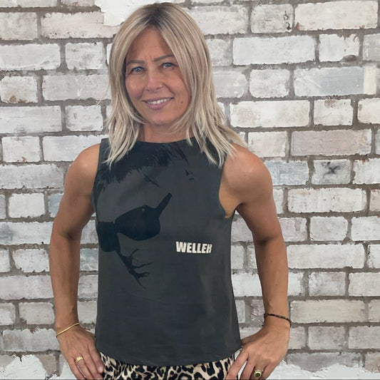 One-of-a-kind Paul Weller graphic Slash Neck Unwantee tank top front view, upcycled, sustainable, made in Britain