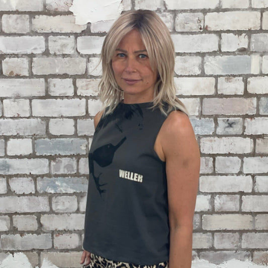 One-of-a-kind Paul Weller graphic Slash Neck Unwantee tank top side view, upcycled, sustainable, made in Britain
