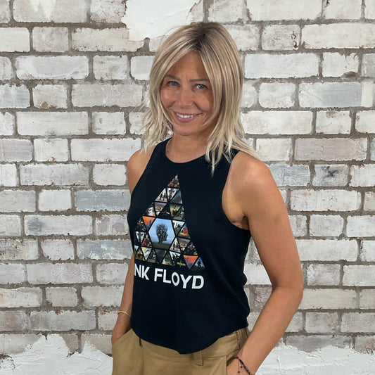 One-of-a-kind Pink Floyd Triangle graphic Racerback Unwantee tank top side view, upcycled, sustainable, made in Britain