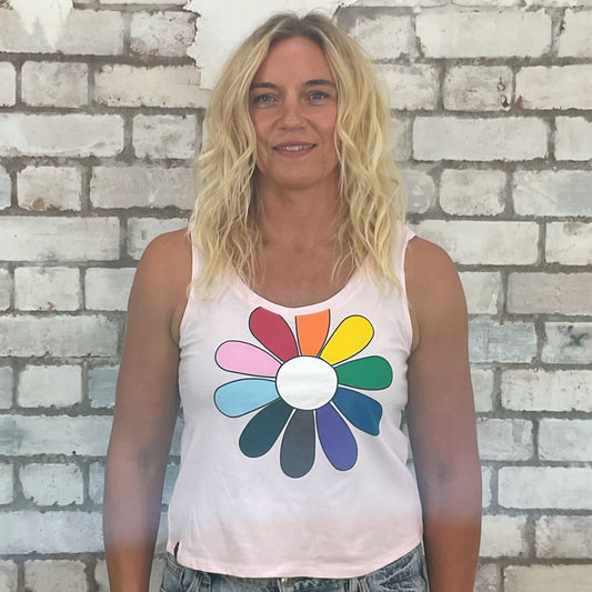 One-of-a-kind Rainbow Flower graphic Scoop Neck Unwantee tank top front view, upcycled, sustainable, made in Britain