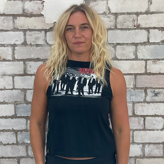 One-of-a-kind Reservoir Dogs classic film graphic Slash Neck Unwantees tank top front view, upcycled, sustainable, made in Britain