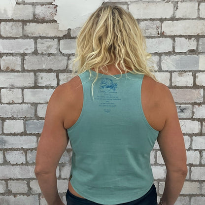 One-of-a-kind The Rhythm of the Earth original 80s illustration graphic Racerback Unwantee tank top back view, upcycled, sustainable, made in Britain