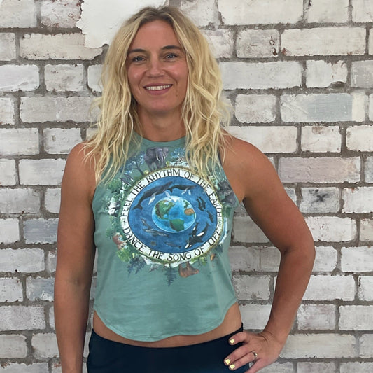 One-of-a-kind The Rhythm of the Earth original 80s illustration graphic Racerback Unwantee tank top front view, upcycled, sustainable, made in Britain