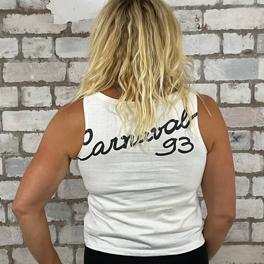 One-of-a-kind Rio Carnival 1993 graphic Slash Neck Unwantee tank top back view, upcycled, sustainable, made in Britain
