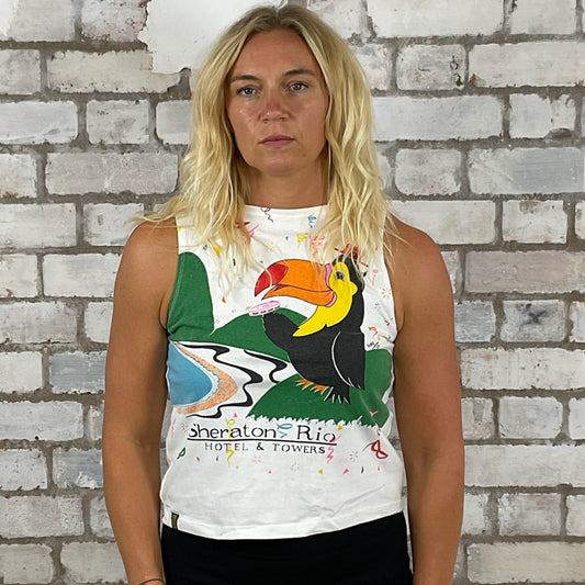 One-of-a-kind Rio Carnival 1993 graphic Slash Neck Unwantee tank top front view, upcycled, sustainable, made in Britain