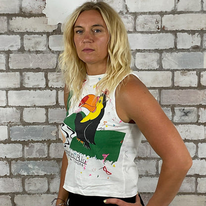 One-of-a-kind Rio Carnival 1993 graphic Slash Neck Unwantee tank top side view, upcycled, sustainable, made in Britain