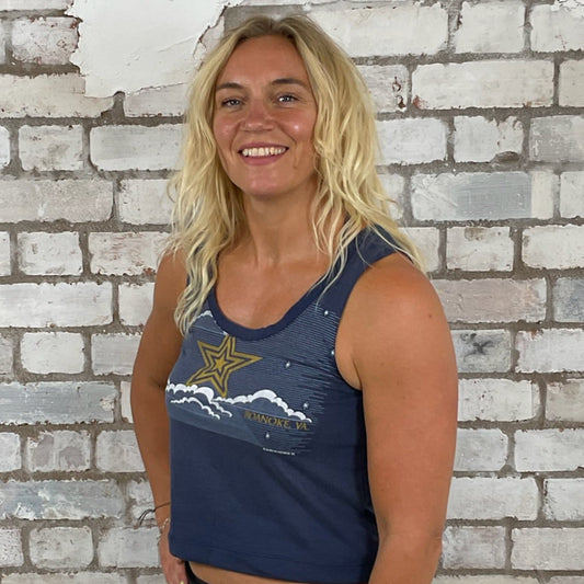 One-of-a-kind Roanoke VA Mystical Night Sky graphic Scoop Neck Unwantee tank top side view, upcycled, sustainable, made in Britain