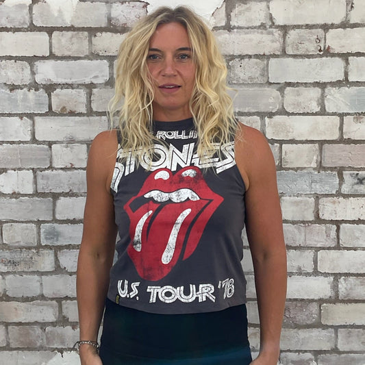 One-of-a-kind Rolling Stones Tour '78 graphic Slash Neck Unwantee tank top front view, upcycled, sustainable, made in Britain