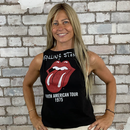 One-of-a-kind Rolling Stones classic red lips graphic Slash Neck Unwantee tank top front view, upcycled, sustainable, made in Britain