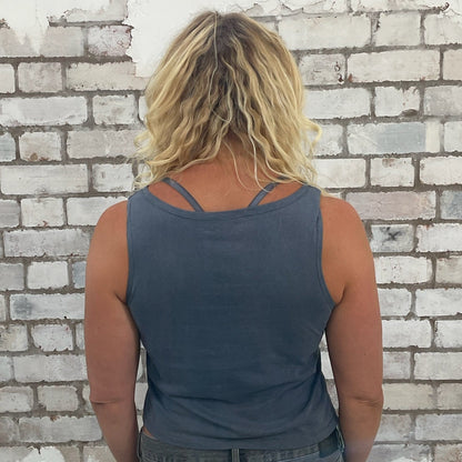 One-of-a-kind Rolling Stones Some Girls graphic Slash Neck Unwantee tank top back view, upcycled, sustainable, made in Britain