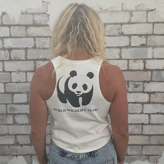 One-of-a-kind Save the Tiger World Wildlife Fund graphic Racerback Unwantee tank top back view, upcycled, sustainable, made in Britain